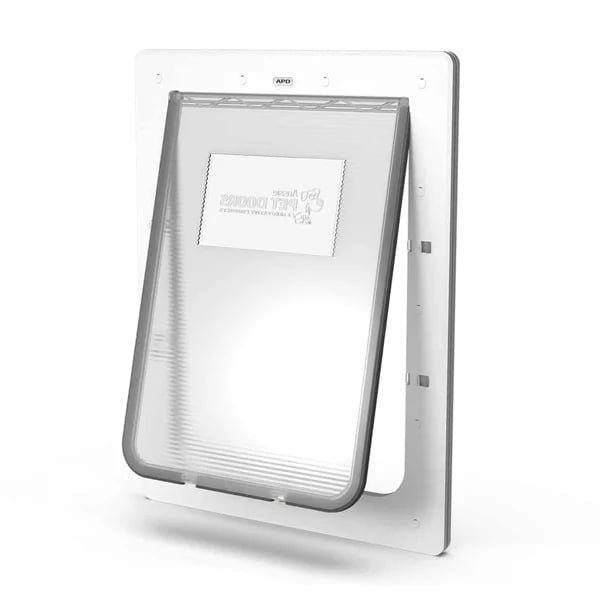 Aussie Pet Doors large rectangular pet door with a white frame and clear flap, shown open
