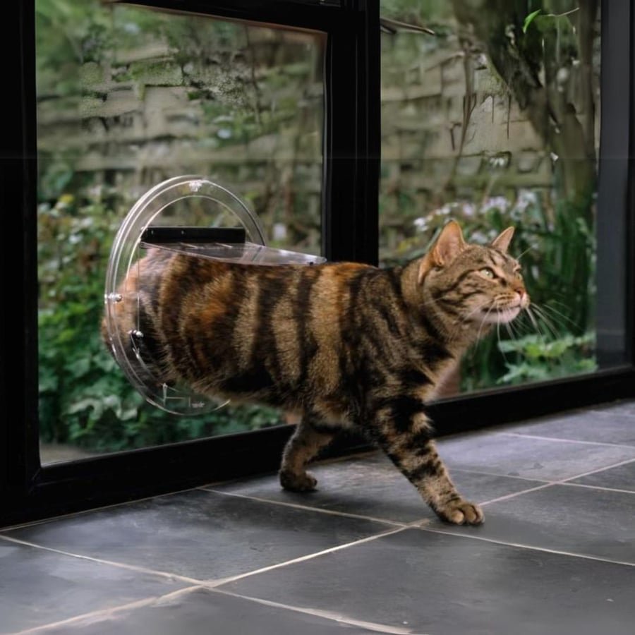 Tabby cat stepping through a circular Transcat cat door fitted in a glass panel